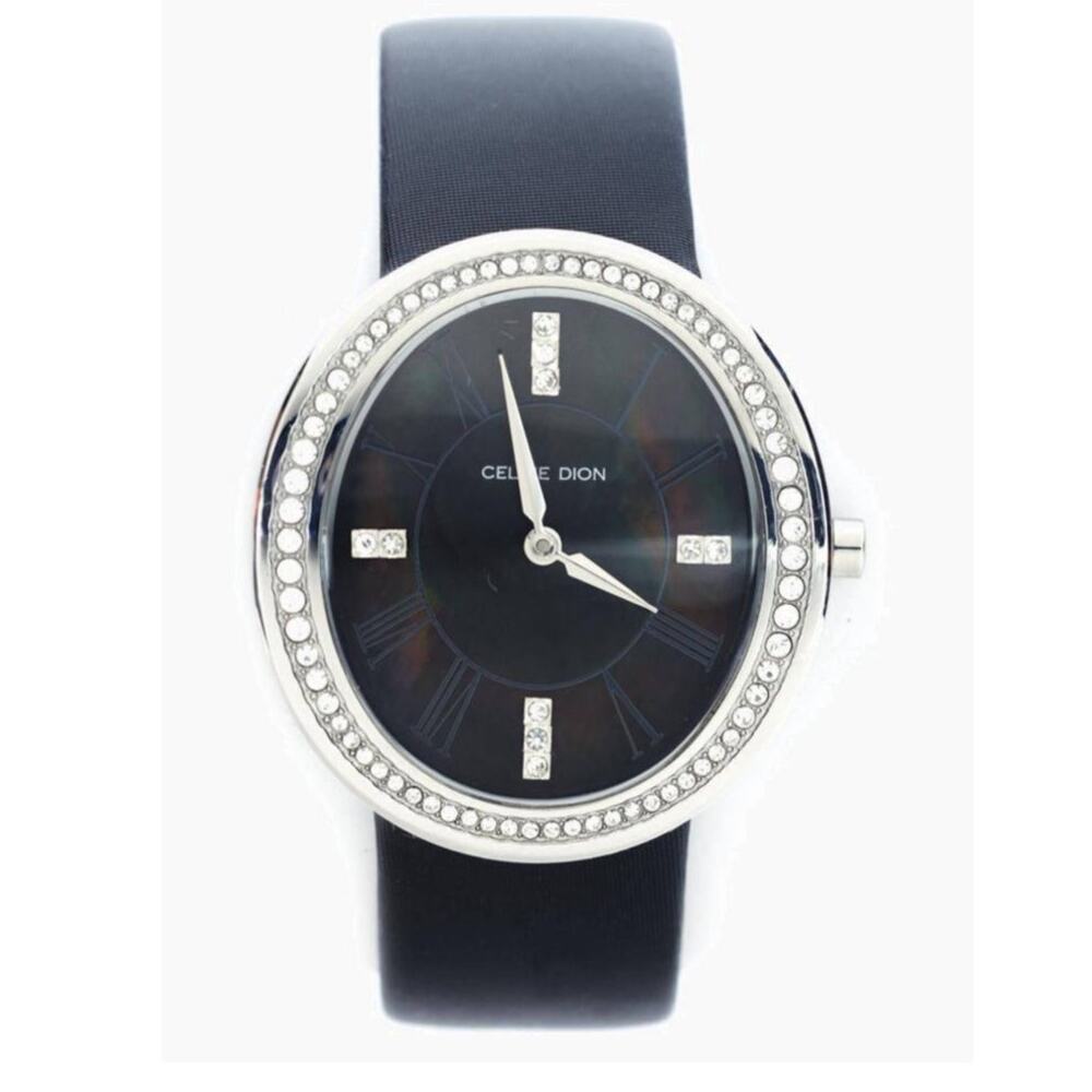 CELINE DION Round Dial Crystal Pave Stainless Steel Case Black Band Wristwatch